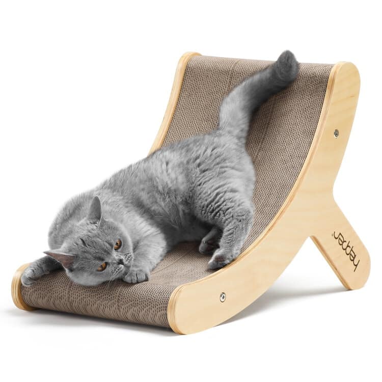 grey cat upside down on hepper hi-lo cat scratcher